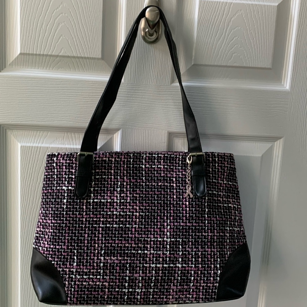 BonTon Pink Black Tweed Tote Bag w/ a‎ Ribbon Bag Charm 15” x 11”